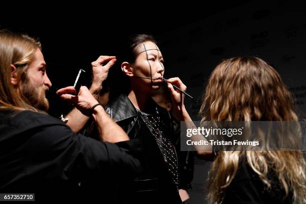 Model backstage ahead of the Murat Aytulum show during Mercedes-Benz Istanbul Fashion Week March 2017 at Grand Pera on March 24, 2017 in Istanbul,...