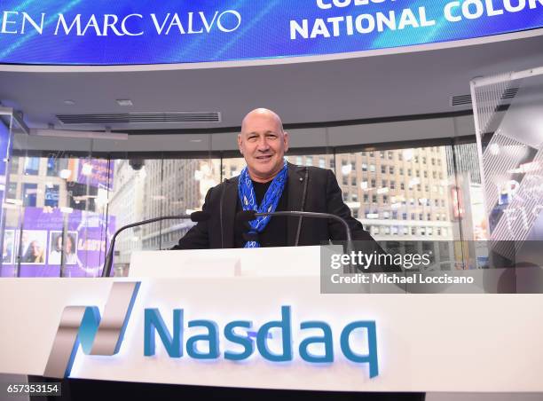 Fashion designer Carmen Marc Valvo and The Colon Cancer Alliance ring the Nasdaq Stock Market Opening Bell at NASDAQ on March 24, 2017 in New York...