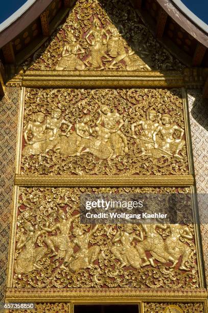 Detail of the Chariot Hall or Royal Funerary Chariot Hall at the Wat Xieng Thong built by King Setthathirath in 1559 in the UNESCO world heritage...