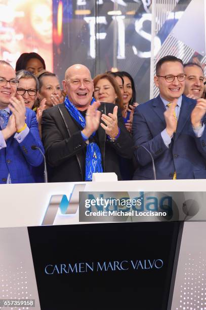 Fashion designer Carmen Marc Valvo and The Colon Cancer Alliance ring the Nasdaq Stock Market Opening Bell at NASDAQ on March 24, 2017 in New York...