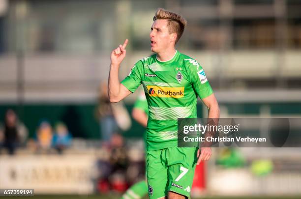 Patrick Herrmann of Borussia Moenchengladbach celebrate after he scores his teams fourth goal during the Friendly Match between Borussia...