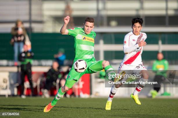 Mike Feigenspann of Borussia Moenchengladbach controls the ball during the Friendly Match between Borussia Moenchengladbach and FC Sankt Pauli at...