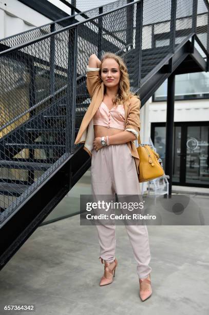 Guest attends Fashion Forward March 2017 held at the Dubai Design District on March 24, 2017 in Dubai, United Arab Emirates.