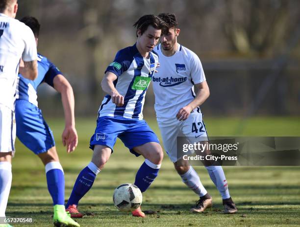 Joris Seemann and Enes Akyol of Hertha U19 during the test match between Hertha BSC and Hertha U23 on March 24, 2017 in Berlin, Germany.