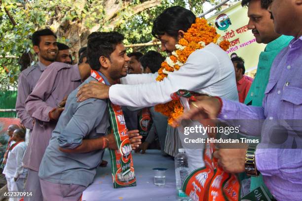 Delhi state President Manoj Tiwari welcoming auto drivers into party in the run up to the MCD elections, on March 24, 2017 in New Delhi, India....