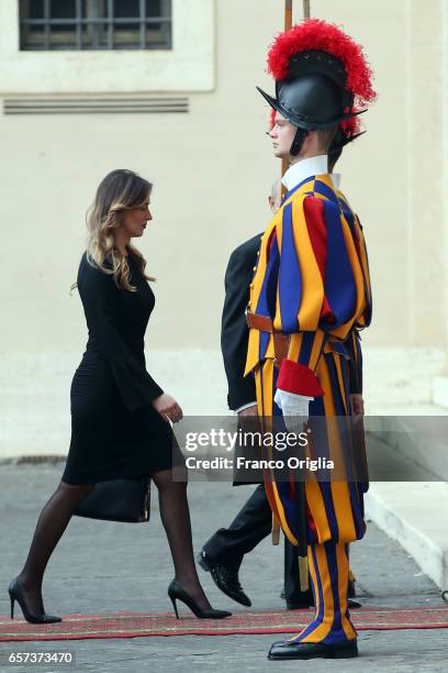 Italian Secretary of the Council of Ministers Maria Elena Boschi arrives at the Apostolic Palace for an audience of Pope Francis with 27 heads of...