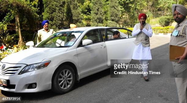 Punjab Cabinet Minister Charanjit Singh Channi coming without red beacon car on the first day of Punjab Vidhan Sabha session on March 24, 2017 in...