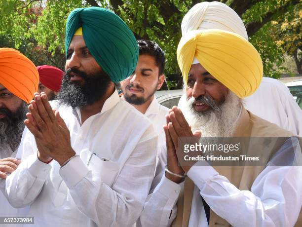 Lok Insaf Party MLA Balwinder Bains and Simranjit Singh Bains outside Punjab Assembly on the first day of Punjab Vidhan Sabha session in Chandigarh...