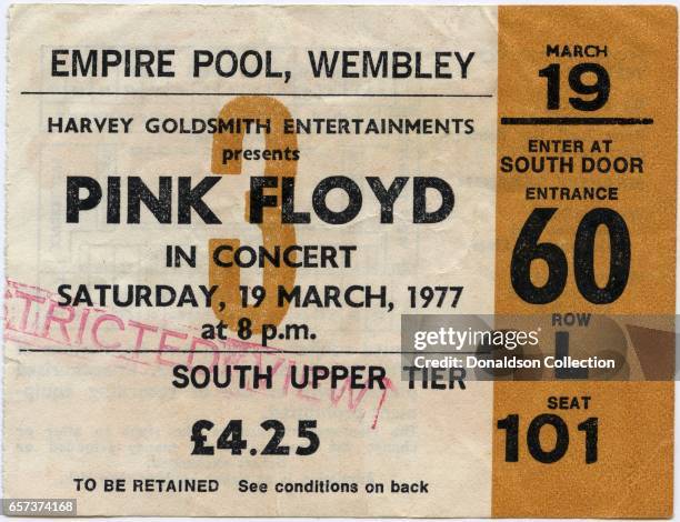 Concert ticket for a Pink Floyd concert at the Empire Pool, Wembley for March 19, 1977 in London, England.