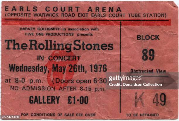 Concert ticket for The Rolling Stones concert at the Earls Court Arena for May 26, 1976 in London, England.