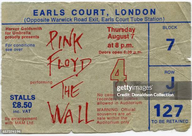 Concert ticket for a Pink Floyd The Wall concert at the Earls Court Arena for August 7, 1980 in London, England.