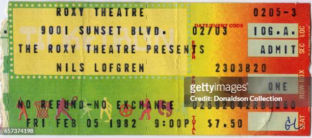 Concert ticket for a Nils Lofgren concert at The Roxy Theatre for February 5, 1982 in Los Angeles, California.