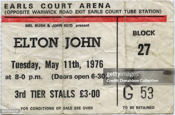 Concert ticket for an Elton John concert at the Earls Court Arena for May 11, 1976 in London, England.