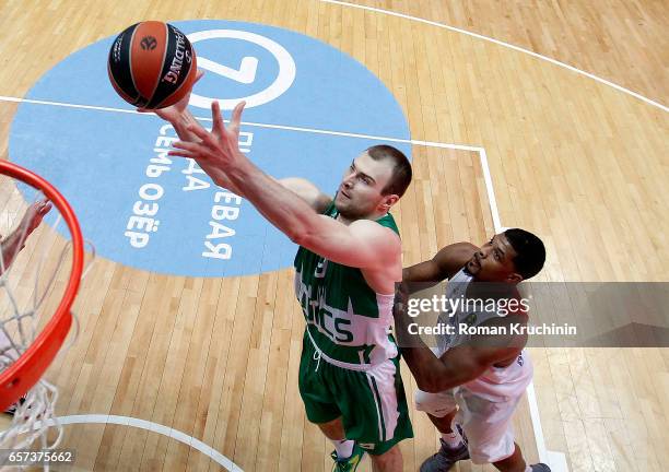 Artsiom Parakhouski, #9 of Unics Kazan competes with Kyle Hines, #42 of CSKA Moscow during the 2016/2017 Turkish Airlines EuroLeague Regular Season...