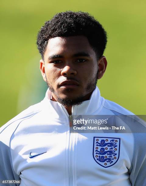 Jay DaSilva of England looks on during the UEFA U19 International Qualifier match between Spain and England at St Georges Park on March 24, 2017 in...