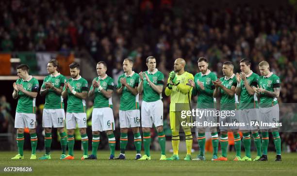 Republic of Ireland players applaud during a tribute to Derry City footballer Ryan McBride during the 2018 FIFA World Cup Qualifying, Group D match...