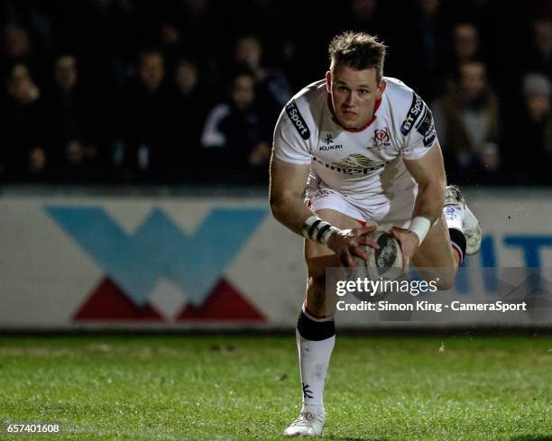 Ulster's Craig Gilroy scores his sides first try during the Guinness Pro12 Round 18 match between Newport Gwent Dragons and Ulster Rugby at Rodney...