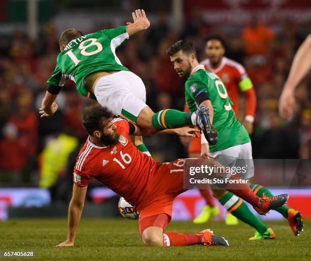 Joe Ledley of Wales challenges David Meyler of the Republic of Ireland during the FIFA 2018 World Cup Qualifier between Republic of Ireland and Wales...