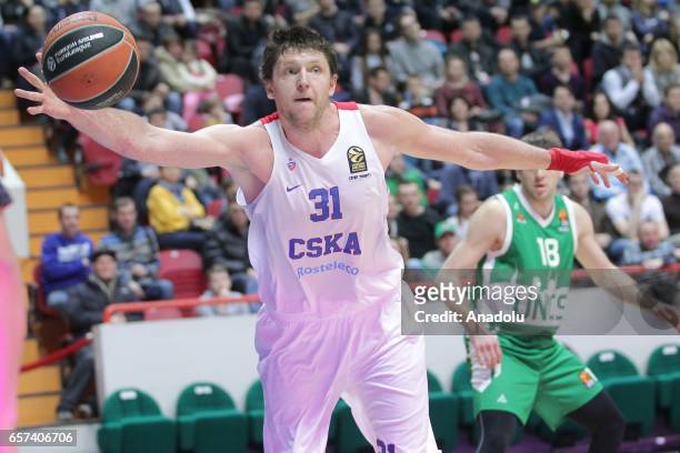 Victor Khryapa of CSKA Moscow in action against Evgeny Voronov of UNICS Kazan during the Turkish Airlines EuroLeague match between UNICS Kazan and...