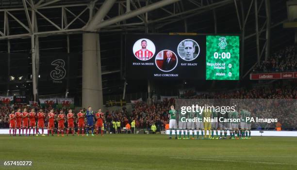 Players stand for tributes for Derry City footballer Ryan McBride, Milo Corcoran and Ray Brady during the 2018 FIFA World Cup Qualifying, Group D...