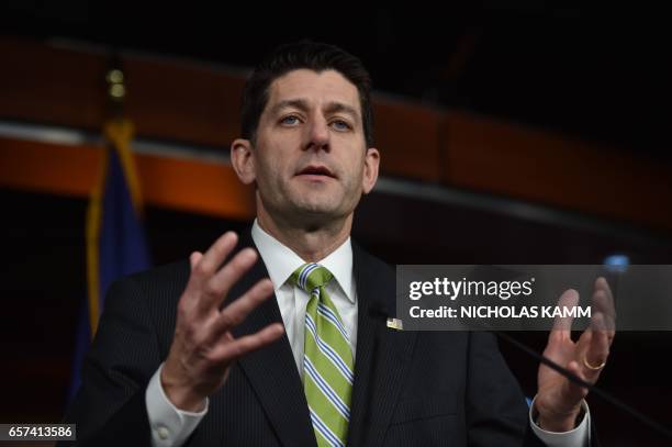 Speaker of the House Paul Ryan talks to reporters on March 24 during a press conference on Capitol Hill in Washington, DC, about the American Health...