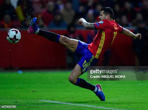 Spain's forward Vitolo tries to kick a goal during the WC 2018 group G football qualifing match Spain vs Israel at El Molinon stadium in Gijon on...