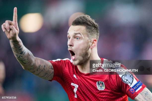 Austria's Marko Arnautovic reacts during the FIFA World Cup 2018 qualification football match between Austria and Moldova at the Ernst Happel Stadium...