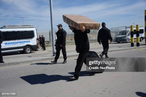 Bulgarian-Turk man is crossing the border crossing point , during a nationalist protest against the turkish voters in Bulgaria. Bulgarian...