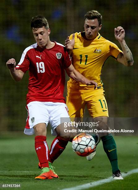 Dominik Prokopp of Austria competes for the ball with Alex Gersbach of Australia during the international friendly match between Austria U21 and...
