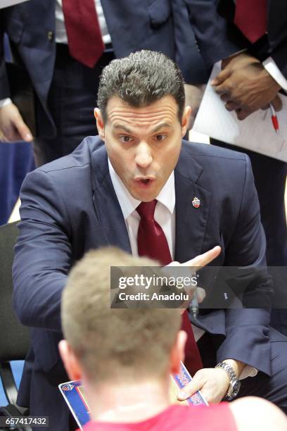 Head coach of CSKA Moscow Dimitris Itoudis gives tactics to his team during the Turkish Airlines EuroLeague basketball match between UNICS Kazan and...