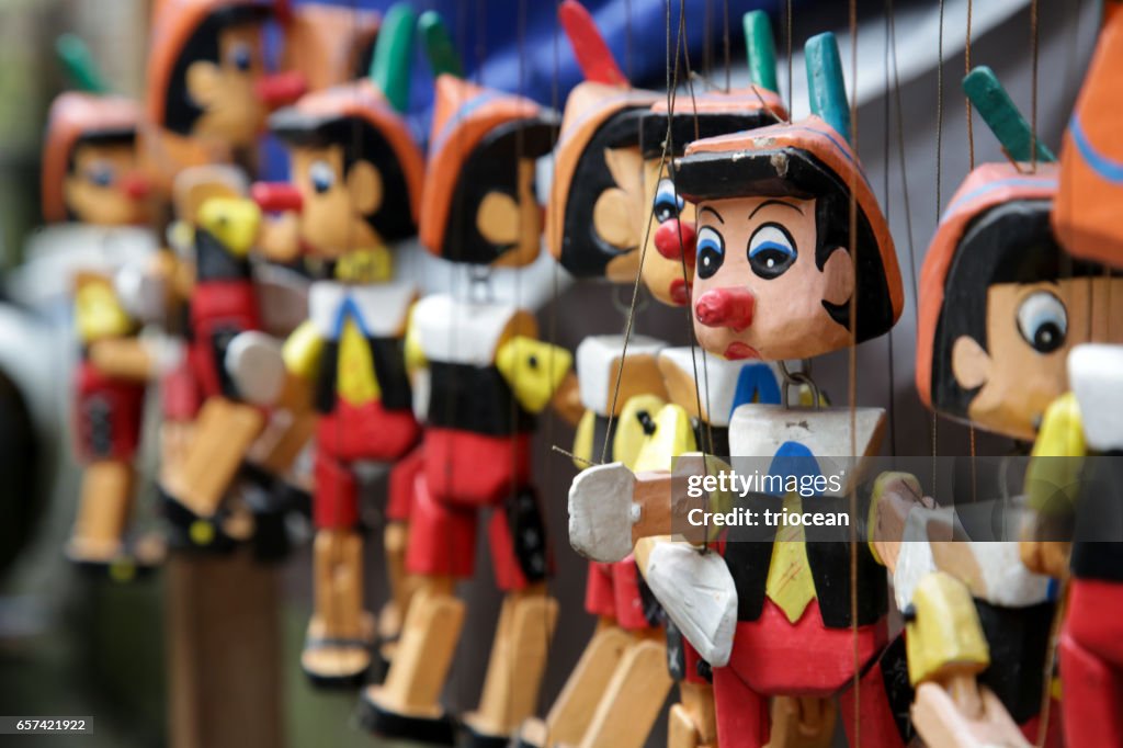 Traditional wooden Pinocchio toy on the market