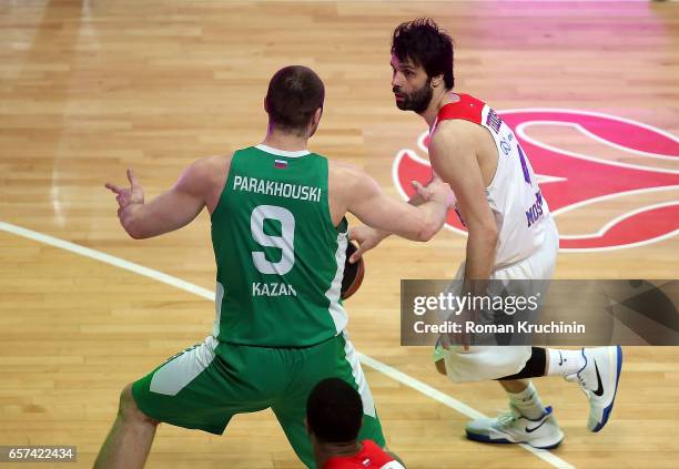 Milos Teodosic, #4 of CSKA Moscow competes with Artsiom Parakhouski, #9 of Unics Kazan during the 2016/2017 Turkish Airlines EuroLeague Regular...