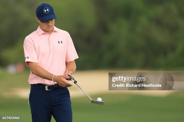 Jordan Spieth reacts after putting on the 15th hole of his match during round three of the World Golf Championships-Dell Technologies Match Play at...