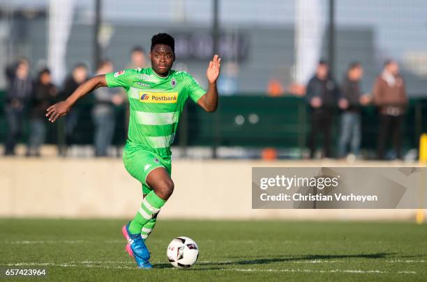 Ba-Muaka Simakala of Borussia Moenchengladbach controls the ball during the Friendly Match between Borussia Moenchengladbach and FC Sankt Pauli at...