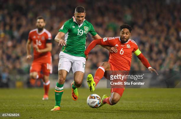Ashley Williams of Wales challenges Jonathan Walters of the Republic of Ireland during the FIFA 2018 World Cup Qualifier between Republic of Ireland...