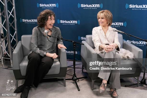 Actresses Lily Tomlin and Jane Fonda talk with SiriusXM host Craig Ferguson about the new season of their Netflix comedy "Grace & Frankie" during a...