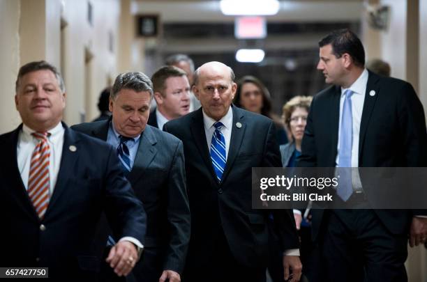 From left, Rep. Bill Shuster, R-Pa., Rep. Chris Smith, R-N.J., Rep. Louie Gohmert, R-Texas, and Rep. David Valadao, R-Calif., arrives for a hastily...