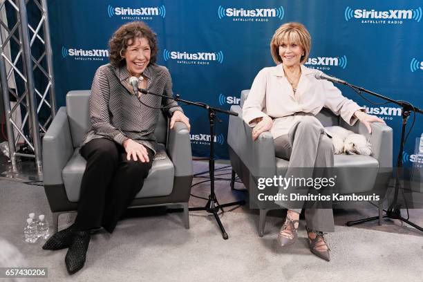 Actresses Lily Tomlin and Jane Fonda talk with SiriusXM host Craig Ferguson about the new season of their Netflix comedy "Grace & Frankie" during a...