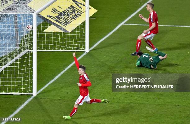 Austria's Marcel Sabitzer celebrates after scoring the 1-0 goal during the FIFA World Cup 2018 qualification football match between Austria and...