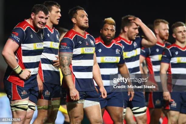 James Phillips and Jack Lam of Bristol look on after conceding the third try during the Aviva Premiership match between Bristol Rugby and Gloucester...