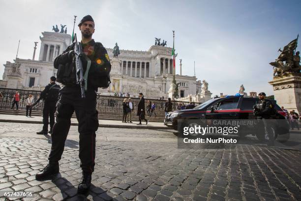 Rome, Italy. 24th March, 2017. Italian paramilitary police patrol stands in front of the Monument of the Unknown Soldier in Piazza Venezia Square a...