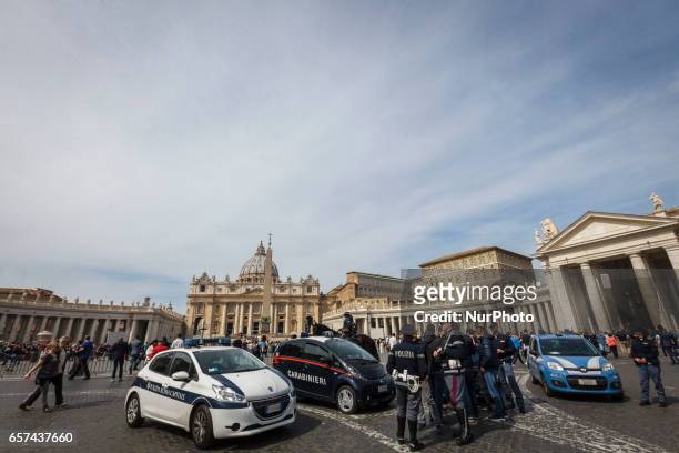 Rome, Italy. 24th March, 2017. Italian paramilitary police patrol stands in front of the Vatican, in Saint Peter Square, a day ahead of an European...