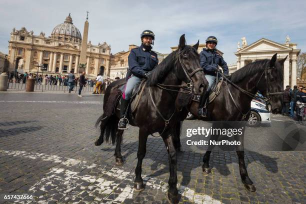 Rome, Italy. 24th March, 2017. Italian paramilitary police patrol stands in front of the Vatican, in Saint Peter Square, a day ahead of an European...