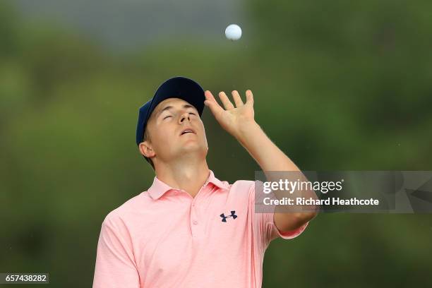 Jordan Spieth reacts after putting on the 15th hole of his match during round three of the World Golf Championships-Dell Technologies Match Play at...