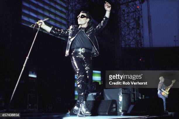 Bono of U2 performs on stage at Feyenoord Stadiium on the Zoo TV-Zooropa Tour, De Kuip, Rotterdam, Netherlands, 9th May 1993.