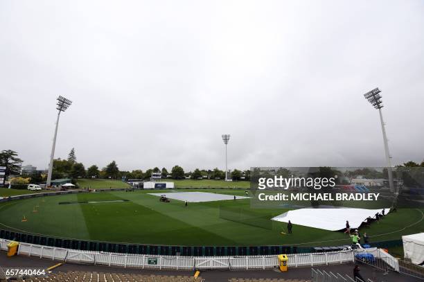 Light rain delays the start of day one of the third Test cricket match between New Zealand and South Africa at Seddon Park in Hamilton, New Zealand...