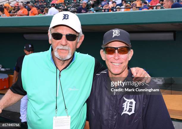 Champion Team USA manager Jim Leyland and coach Alan Trammell pose for a photo in the dugout prior to the Spring Training game between the Detroit...