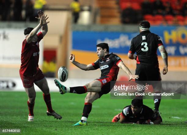 Edinburgh's Sam Hidalgo-Clyne clears the danger during the Guinness Pro12 Round 18 match between Scarlets and Edinburgh Rugby at Parc y Scarlets on...