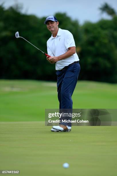 Bill Lunde reacts after missing his birdie putt on the 13th green during the second round of the Puerto Rico Open at Coco Beach on March 24, 2017 in...