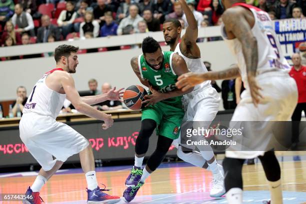 Nando De Colo , Cory Higgins end Aaron Jackson of CSKA Moscow in action against Keith Langford of UNICS Kazan during the Turkish Airlines EuroLeague...